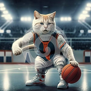 Jumping and incredible stunts of the sports cat in the stadium.