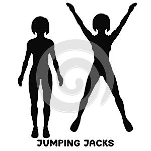 Jumping Jack. Sport exersice. Silhouettes of woman doing exercise. Workout, training.