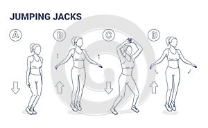 Jumping Jacks Exercise Girl Workout. Star Jumps illustration, a young woman in sportswear does the side-straddle hop.
