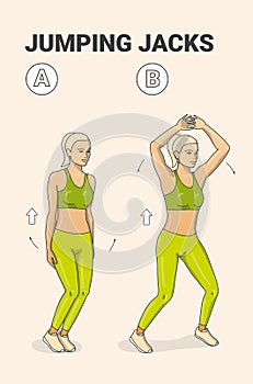 Jumping Jacks or Star Jumps Fitness Exercise. Side Straddle Hop Sequentially Guidance.