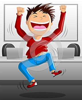 Jumping for Joy in Office Computer room
