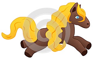 Jumping Kawii Horse with Long Yellow Mane and Tail Illustration on White with Clipping Path