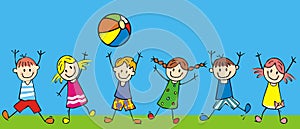 Jumping kids with ball, funny illustration, vector icon