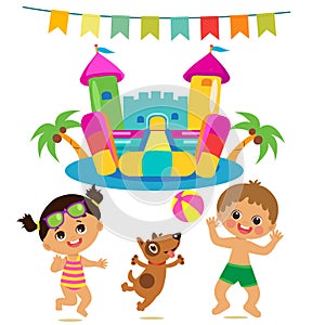 Jumping Kids And Dog And Bouncy Castle Vector Set. Cartoon Illustrations On A White Background.