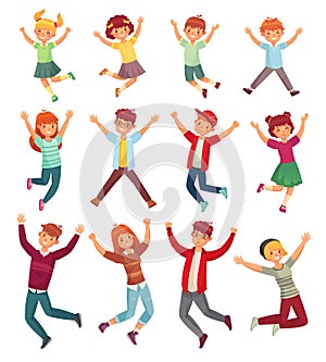 Jumping kids. Excited childrens jump, happy jumped teenagers and smiling child jumps cartoon vector illustration set