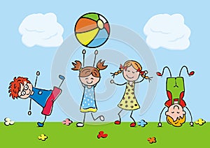 Jumping kids, funny illustration, vector icon