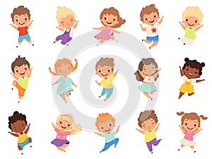 Jumping kids. Happy funny children playing and jumping in different action poses education little team vector characters