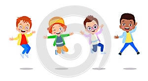 jumping kids. Happy funny children playing and jumping in different action poses education little team vector characters.