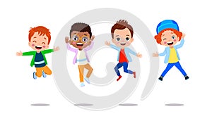 jumping kids. Happy funny children playing and jumping in different action poses education little team vector characters.