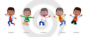jumping kids. Happy funny children playing and jumping in different action poses education little team vector characters.