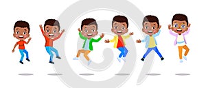 jumping kids. Happy funny children playing and jumping in different action poses education little team vector characters.