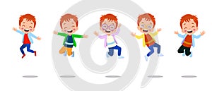 jumping kids. Happy funny children playing and jumping in different action poses education little team vector characters.