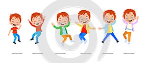 jumping kids. Happy funny children playing and jumping in different action poses education little team vector characters.