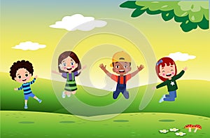 jumping kids. Happy funny children playing and jumping in different action poses education little team vector characters.