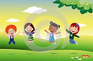 jumping kids. Happy funny children playing and jumping in different action poses education little team vector characters.