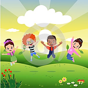 jumping kids. Happy funny children playing and jumping in different action poses education little team vector characters.