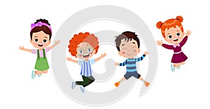 jumping kids. Happy funny children playing and jumping in different action poses education little team vector characters.