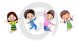 jumping kids. Happy funny children playing and jumping in different action poses education little team vector characters.