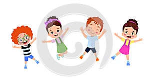 jumping kids. Happy funny children playing and jumping in different action poses education little team vector characters.