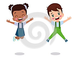 jumping kids. Happy funny children playing and jumping in different action poses education little team vector characters.