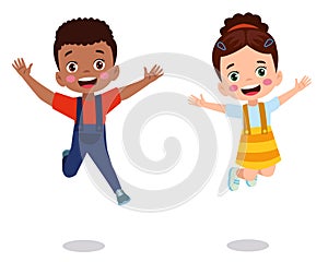 jumping kids. Happy funny children playing and jumping in different action poses education little team vector characters.