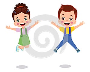 jumping kids. Happy funny children playing and jumping in different action poses education little team vector characters.