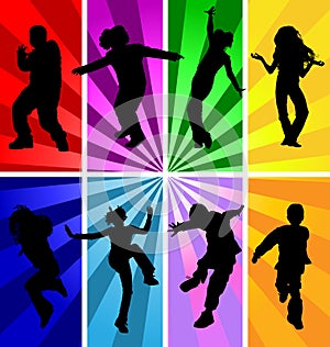 Jumping kids jump silhouettes silhouette child kid vector sport dancing dance teenagers children teens background disco teen party