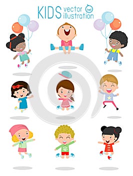 Jumping kids, Multi-ethnic children jumping, Kids jumping with joy , happy jumping kids, happy cartoon child playing, Kids playing