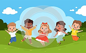 Jumping kids in playground. Sunny weather and playing happy group of children summer camping relax vector joyful holiday