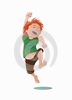 Jumping laughing carroty boy in a green tee-shirt and brown shorts.