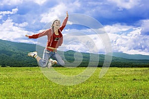 Jumping laughter girl photo