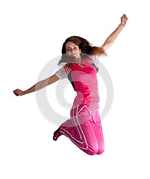 Jumping long-haired teen girl