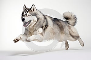 Jumping Moment, Alaskan Malamute Dog On White Background