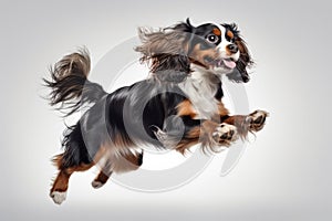 Jumping Moment, Cavalier King Charles Spaniel Dog On White Background