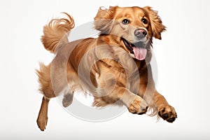 Jumping Moment, Golden Retriever Dog On White Background