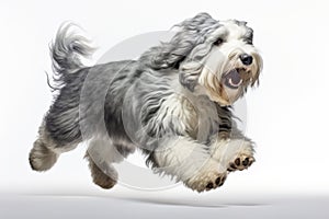 Jumping Moment, Old English Sheepdog Dog On White Background