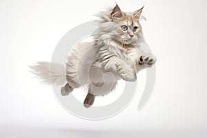 Jumping Moment, Ragamuffin Cat On White Background