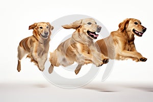 Jumping Moment, Three Golden Retriever Dog On White Background