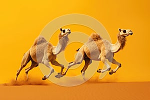 Jumping Moment, Two Camel On Yellow Background