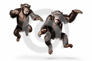 Jumping Moment, Two Chimpanzee On White Background