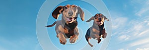 Jumping Moment, Two Dachshund Dogs On Sky Blue Background Jumping Moment, Dachshunds, Sky Blue Backg