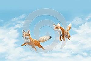 Jumping Moment, Two Fox On Sky Blue Background