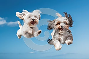 Jumping Moment, Two Havanese Dogs On Sky Blue Background