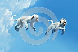 Jumping Moment, Two Mandrillus On Sky Blue Background