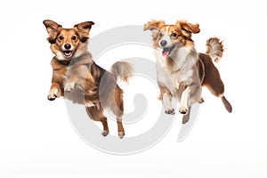 Jumping Moment, Two Manx Dog On White Background