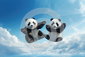 Jumping Moment, Two Panda On Sky Blue Background