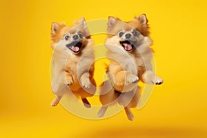 Jumping Moment, Two Pomeranian Dogs On Yellow Background