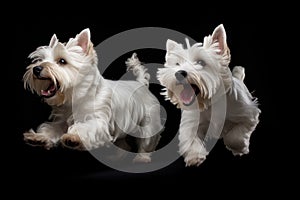 Jumping Moment, Two West Highland White Terrier Dogs On Black Background