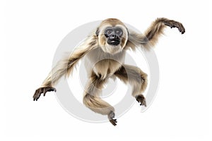 Jumping Moment, Whitehanded Gibbon On White Background