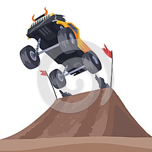 Jumping monster truck show. Bright colorful cartoon auto with big wheels. Car with large tires for rally 4x4 computer or